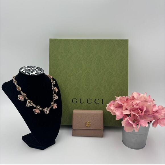 Gucci GG Marmont Tri-fold Wallet Leather Pink Beige - Pre Owned ✨ - Picture 1 of 6